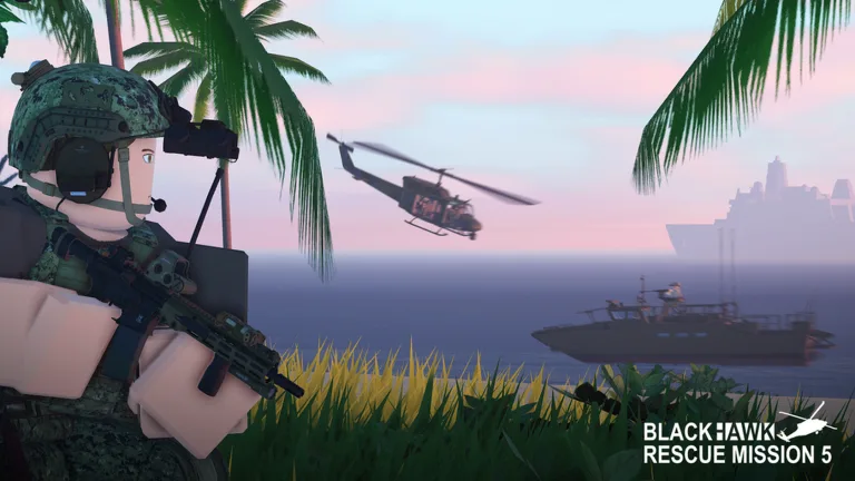 Blackhawk Rescue Mission 5 soldier watching a helicopter and naval ships during a coastal operation